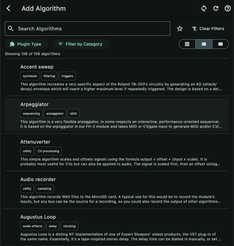 Add Algorithm list view