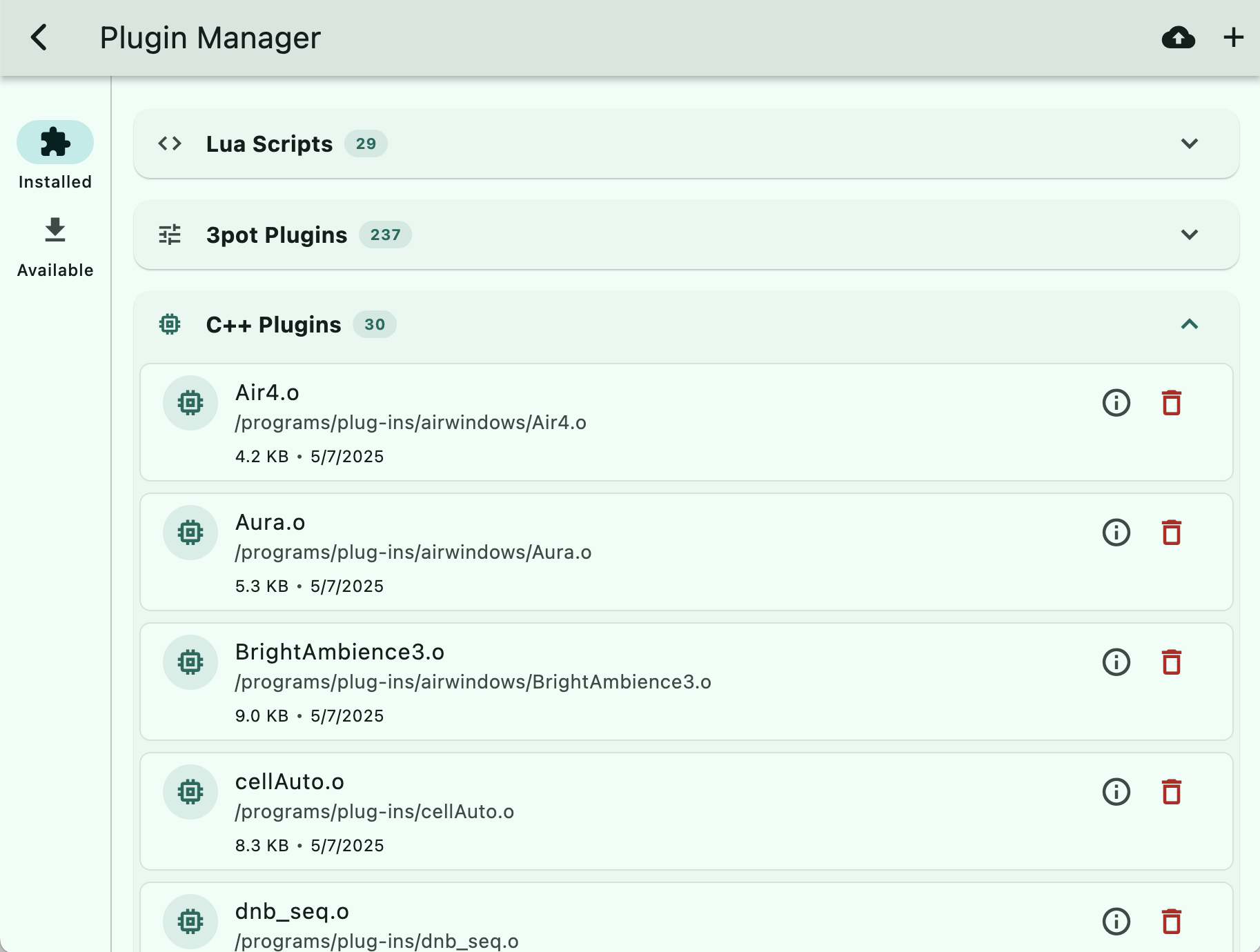 Plugin Manager installed tab